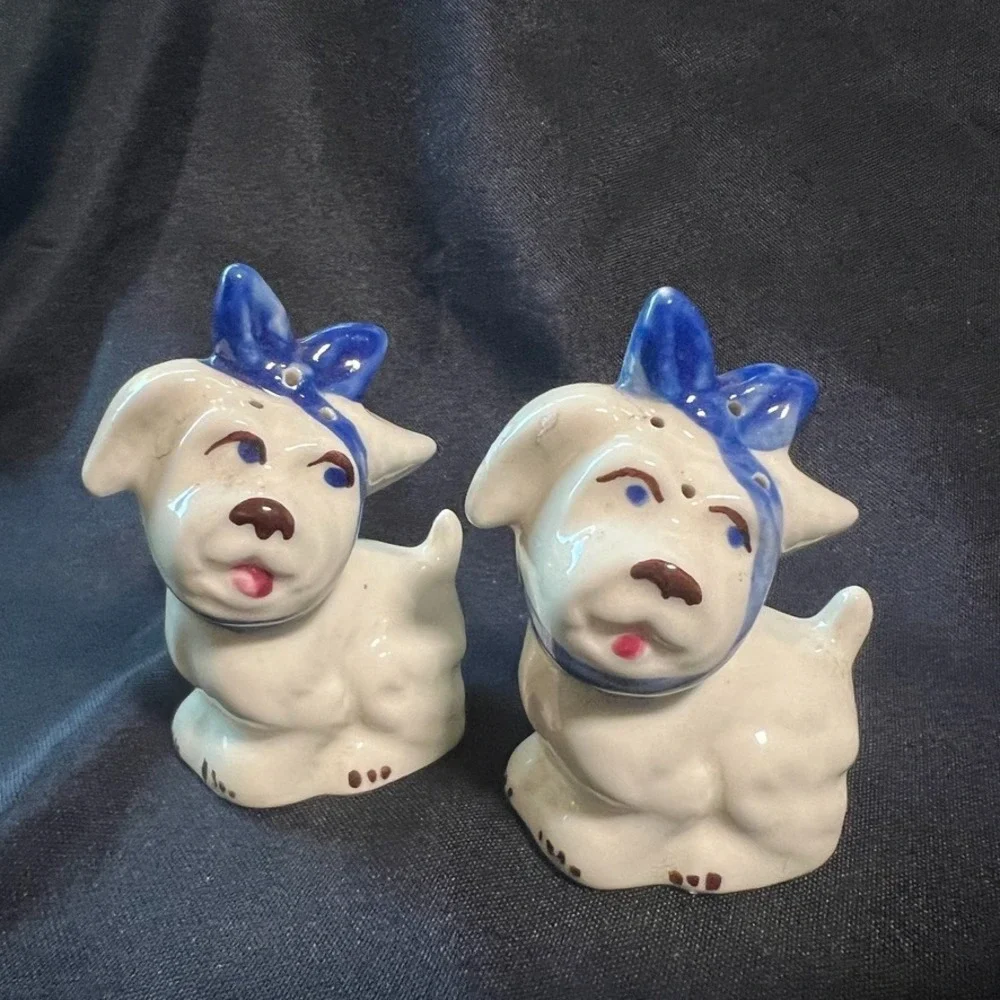 Shawnee Pottery Mugsy Dog Cookie Jar w/ Salt & Pepper Shakers AS IS REPAIRED BOW
